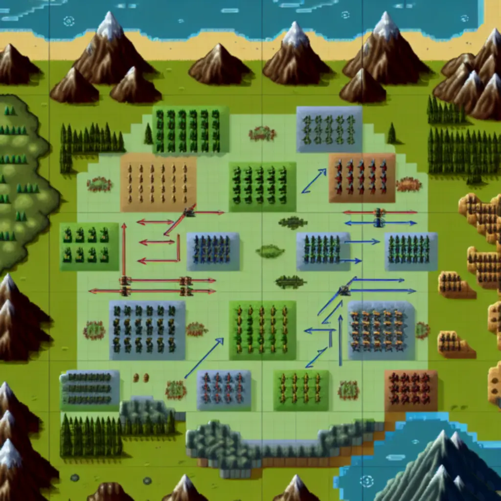 Taktyczna mapa bitewna w stylu piksel-art w świecie Aerbor